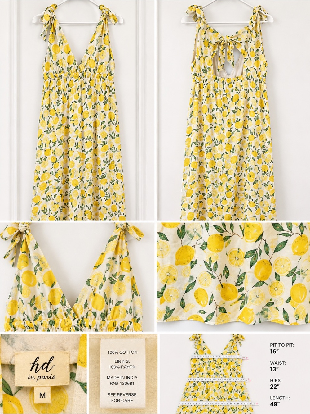 HD in Paris Yellow Lemon-Print Tie-Shoulder Cotton Dress